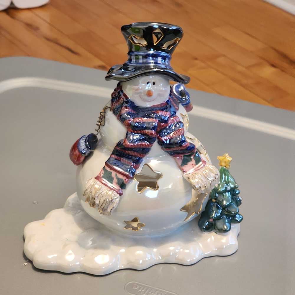 Blue Sky Festive Snowman with Scarf and Tree Votive Tealight Camdle Holder